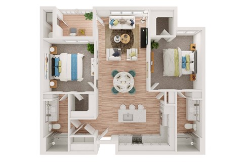 a stylized floor plan of a house with a bedroom and living room